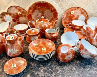 Vintage Kutani Imperial Serving Pieces: Teapot, Saki Ewers, Luncheon Plates & Cups, Chrysanthemum, Lotus Flowers, Gold Overlay/Sold by Piece