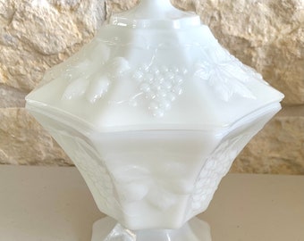 Vintage Milk Glass Covered Candy Dish/Anchor Hocking Milk Glass Octagon Candy Dish/Embossed Grape and Leaf Opaque White Candy Dish & Lid