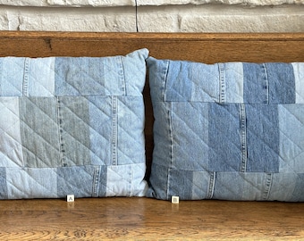 Handmade Quilted Blue Jean Pillow: Upcycled Denim Accent Cushion