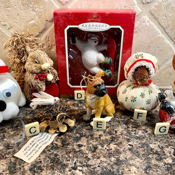 Vintage Animal Ornaments/White Satin Dog/Straw Chipmunk/Swedish Bird/Hallmark Polar Bear Skiing/Boxer Dog/Fabric Hedgehog/Reindeer Ornament