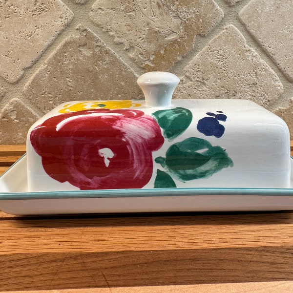 Vintage Raul Da Bernarda Covered Butter Dish/Porta Portugal Flower Butter Dish with Lid/Ken Cornet Romance 2 Piece Covered Butter Dish Set