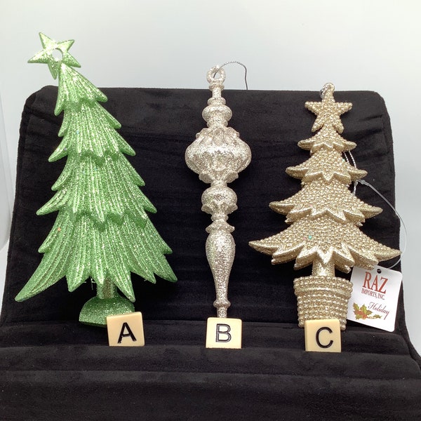 Vintage Raz Glitter Ornaments/Raz Taiwan Glitter Ornaments: Silver Glitter Finial Teardrop, White Gold, Green Christmas Tree/Sold Separately