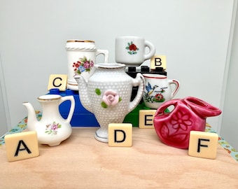 Mini Porcelain Pitchers, Teapots & Mugs: 1970's Miniature Dollhouse, Shadow Box Collectibles