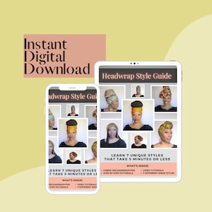 Peut inclure: Un guide numérique pour apprendre 7 styles de turbans uniques. Le guide comprend des recommandations de tissus, des tutoriels illustrés étape par étape et des tutoriels vidéo. Le guide est disponible en téléchargement instantané.