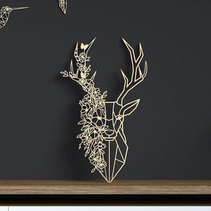 Art mural en bois / Cerfs et fleurs / 68cm, 48cm