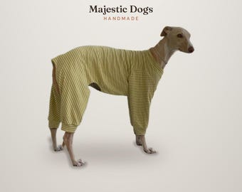 May include: A dog wearing a long-sleeved, full-body jumpsuit featuring thin, vertical olive green and white stripes. The garment has ribbed cuffs at the legs and a round neckline. Above the dog, the text reads Majestic Dogs HANDMADE.