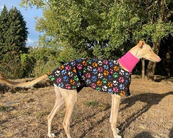 Könnte beinhalten: Ein Hund trägt einen schwarzen Hundemantel mit bunten Pfotenabdrücken. Der Hundemantel hat einen rosa Kragen. Der Hund steht in einer grasbewachsenen Gegend mit Bäumen im Hintergrund.