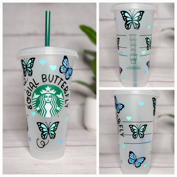 Social Butterfly 24 Oz Starbucks Cup With Lid and Straw, Butterfly