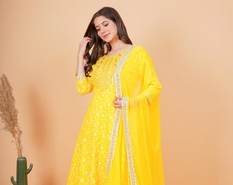 Indian Bollywood Women Embrodried Designer Wedding Anarkali Yellow Kurti And Pant With Dupatta Dress. Special For Women/Girls Party Dress.