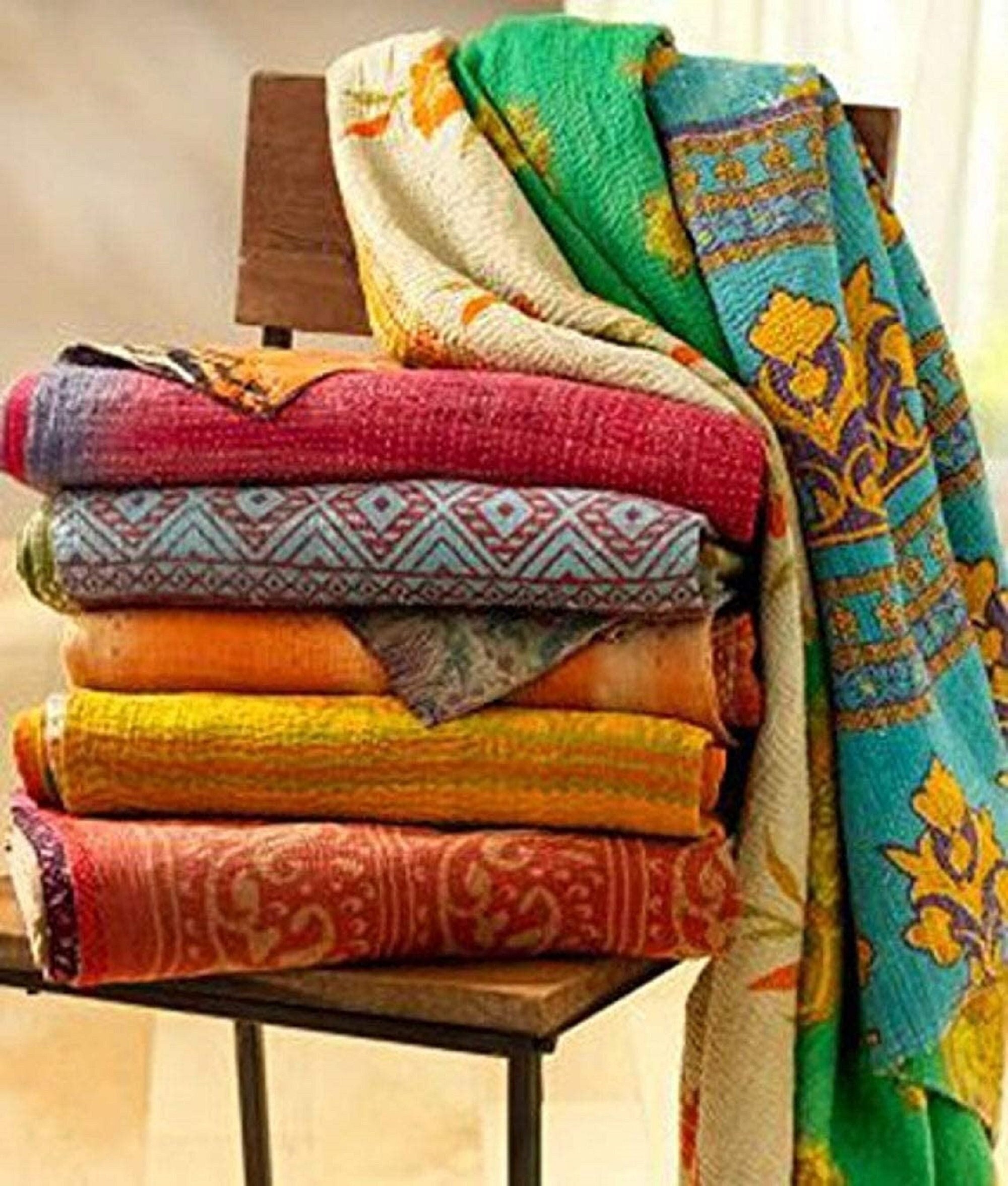 Wholesale Lot 5 Indian Kantha Quilt Vintage Reversible Handmade Colorful Blanket 
