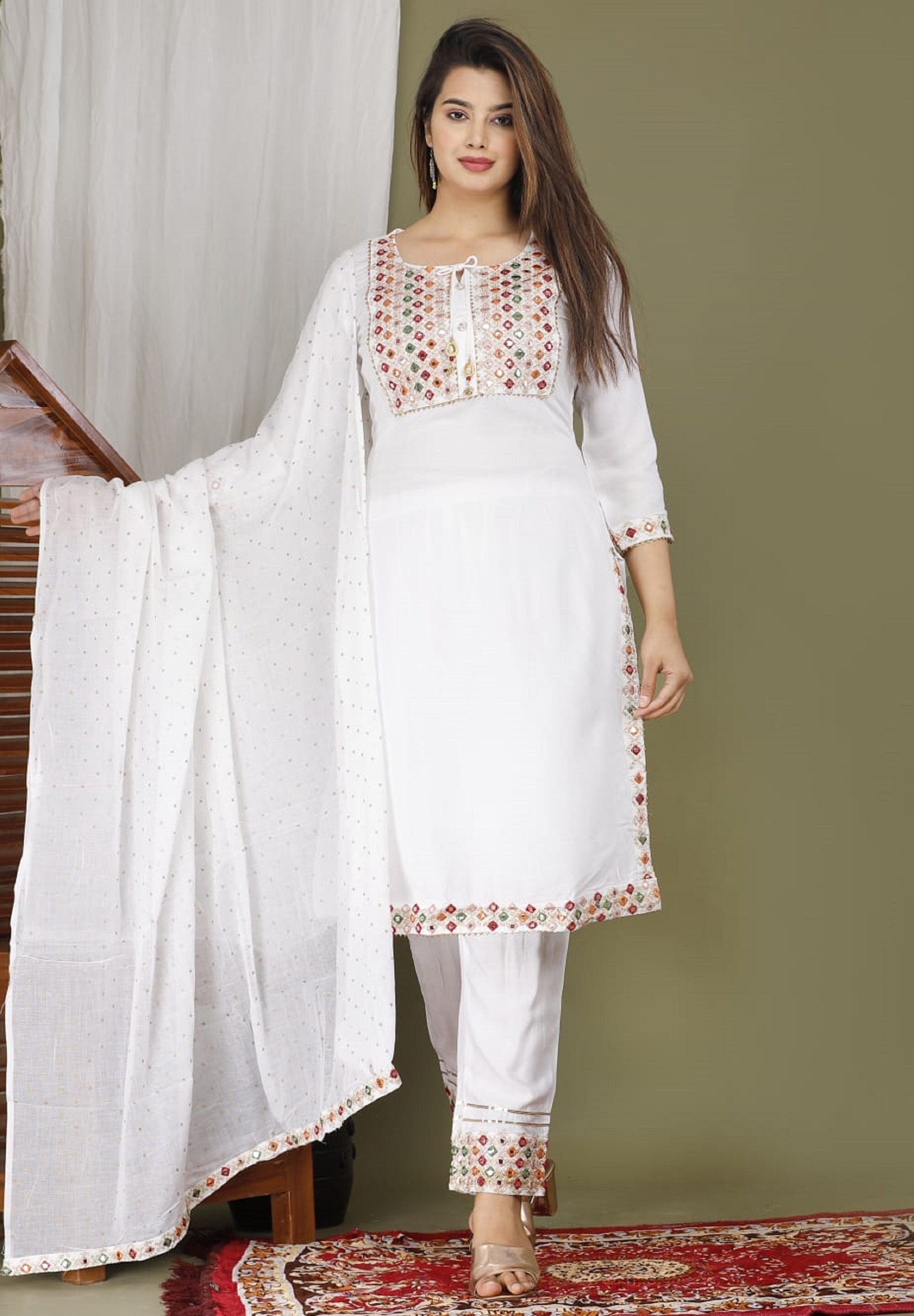 Complete Stitched. Indian Women Designer Ankle Length Embroidrey Work White  Kurti Pant With Stylish Dupatta Dress. Wedding Partywear Dress. -   Canada