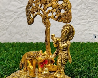Indian Handmade Gold Plated Hindu God Krishna Kanha Ji Murti with Gomata and Flat Tree for Worship HomeOffice Temple Decorative Showpiece.