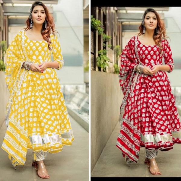 Indian Bollywood Designer Handblock Indigo Kurta Pant With Dupatta Set With Gota Detailing Gold Printed.Free Express Shipping In USA/UK.