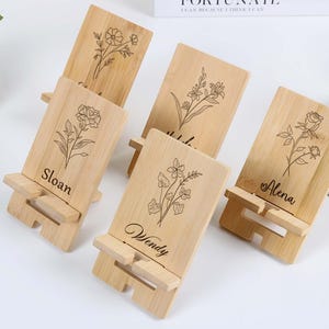 Personalised Birth Flower Wooden Phone Stand;Engraved Bamboo Desk Organizer