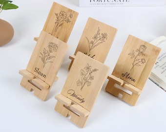 Supporto per telefono in legno personalizzato con fiore di nascita; organizer da scrivania in bambù inciso