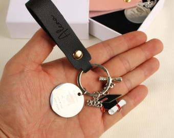 3-Way Custom Graduation Keychain-Engraved Metal Charm+Leather Strap Personalization+UV Printed Box (Pink/Black)-Teacher & Student Gift 2025