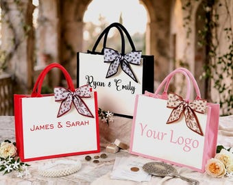 Borsa tote in tela personalizzata con nastro, testo personalizzato, borsa da spiaggia/scuola, S&M, regalo per damigella d'onore, bomboniera per addio al nubilato, usa il logo