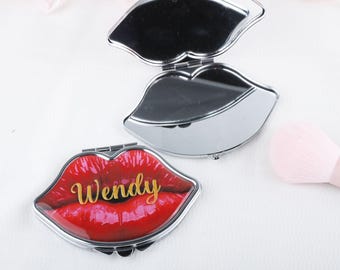 Personalized Red Lips Compact Mirror: Bridal Shower Favor