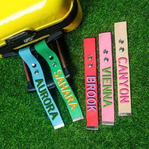 May include: A selection of brightly coloured luggage tags, each with a different name printed on it. The tags are blue, green, red, pink, and beige. The names read "Aurora", "Sahara", "Brook", "Vienna", and "Canyon". A yellow suitcase is in the background.