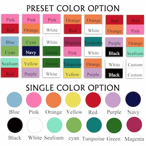May include: A graphic showing colour options for a product. The top section displays preset colour combinations, like pink and red, and blue and cyan. The bottom section features single colour options, including blue, pink, orange, yellow, red, purple, and navy.