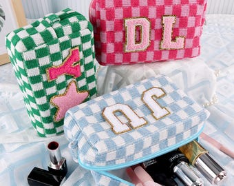 Personalized Checkered Cosmetic Bag: Monogrammed Makeup Pouch