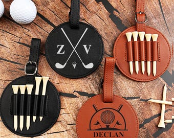 Personalized Leather Golf Bag Tag Gift with Golf Tees,Golf Tee Holder, Custom Golf Accessories, Groomsmen Gifts, Golf Gift For Men or Woman