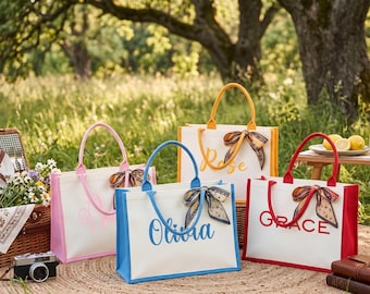 Borsa tote in juta personalizzata con nastro, regalo per damigella d'onore, borsa per addio al nubilato, regalo di squadra, con il tuo logo