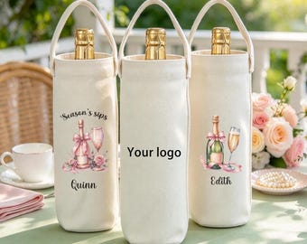 Personalized Wine Bag, Custom Floral Wine Bottle Gift Bag, Canvas Wine Tote, Bridesmaid Gift, Wedding Favor, Birthday Gift for Her