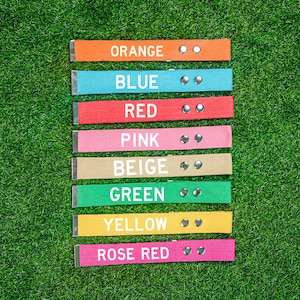 May include: Seven colourful fabric belts are displayed against a green grass background. Each belt is a different colour: orange, blue, red, pink, beige, green, yellow, and rose red. Each belt has the colour name printed on it in white.