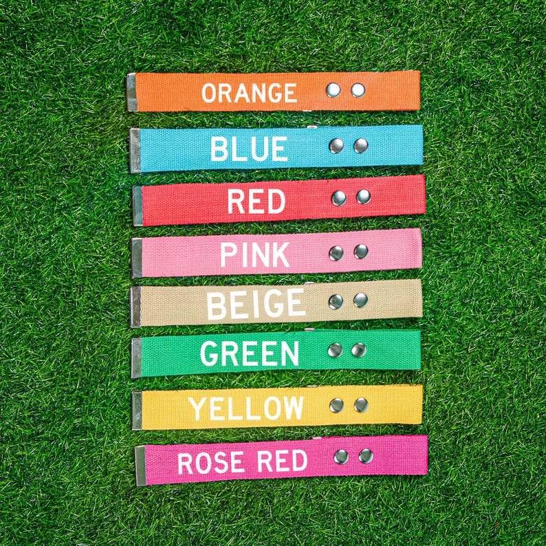 May include: Seven colourful fabric belts are displayed against a green grass background. Each belt is a different colour: orange, blue, red, pink, beige, green, yellow, and rose red. Each belt has the colour name printed on it in white.