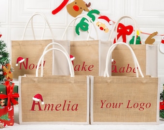Borsa di iuta natalizia personalizzata, sacchetti regalo di Natale personalizzati, sacchetti per feste di Natale, sacchi di Natale, sacchetti regalo di Natale personalizzati, vigilia di Natale