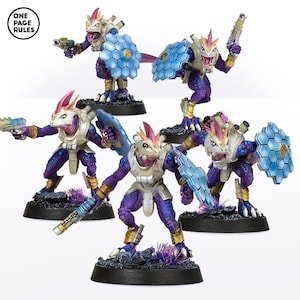 May include: Five purple and white painted miniature figures of lizard-like creatures with blue and silver shields. The figures are posed in a variety of action poses, holding weapons and shields.