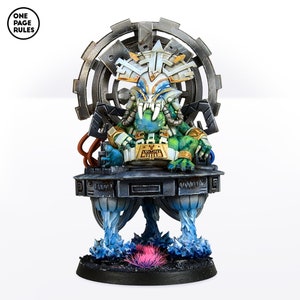 May include: A green and blue miniature figure of a creature sitting on a throne with a large gear behind it. The throne is made of metal and has a black base. The creature has a large head with a white and gold crown. The figure is painted in a detailed and realistic style.