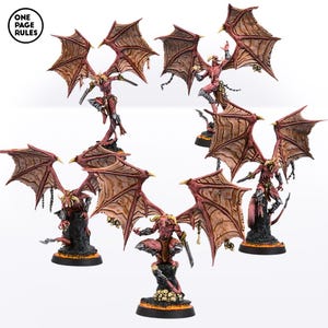 May include: Five red and orange painted miniature figures of winged demons with swords and chains. The figures are posed in various dynamic stances and are standing on circular bases.