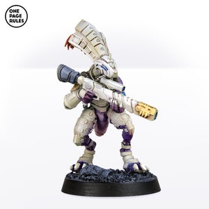 May include: A white and purple painted miniature figurine of a humanoid creature with a large head crest, holding a long rifle with a gold tip. The figurine is standing on a black base.
