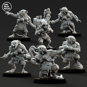 May include: A set of six gray painted miniature figures of anthropomorphic rats wearing hooded cloaks and carrying various items. The figures are posed in different action poses, and one figure is carrying a smaller rat figure on its back.