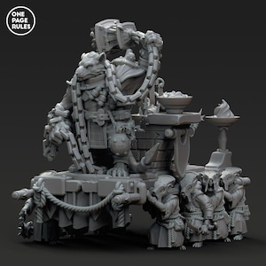 May include: A gray, detailed miniature of a rat-like creature wearing a chain and holding a hammer, sitting on a platform pulled by four smaller rat-like creatures. The platform has a rope attached to the front.