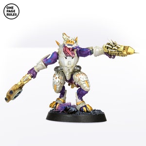 May include: A white and purple painted miniature figure of a creature with a large mouth and sharp teeth, holding a gold weapon in each hand. The figure is standing on a black base with a purple and blue brush.