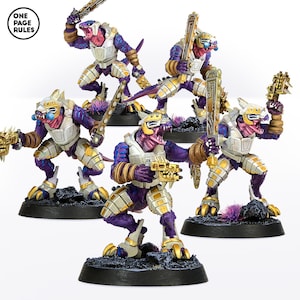 May include: Five miniature figures of reptilian humanoids with purple and gold armor, holding weapons. The figures are posed in a dynamic action stance.