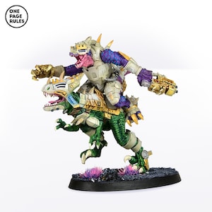 May include: A green and white dinosaur-like creature with a rider. The rider is a purple and white creature with a gold weapon. The creature is painted with gold accents and has a white helmet. The rider is holding a gold weapon.