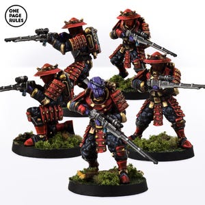 May include: Five miniature figures painted in red, black, and blue, wearing samurai armor and holding rifles. The figures are standing on small, round bases covered in green moss.