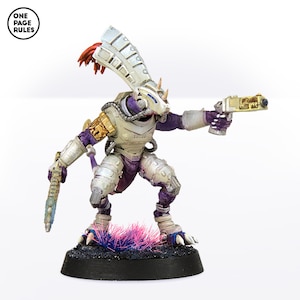 May include: A white and purple painted miniature figurine of a humanoid creature with a large head and a long tail. The creature is wearing a white and gold armor and holding a gun in its right hand. The figurine is standing on a black base with pink grass.