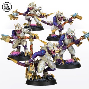 May include: Five miniature figures of reptilian creatures with white armor and purple accents. Each figure is holding a weapon and standing on a black base with pink and green grass.