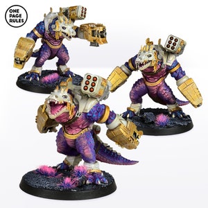 May include: Three purple and gold painted miniature figures of reptilian creatures with guns. The figures are standing on black bases with pink and purple tufts of grass.
