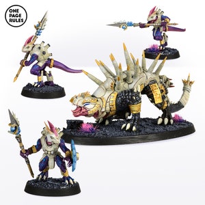 May include: Three painted miniature figurines of lizard-like creatures. One is a large, armored lizard with spikes and a wide open mouth. The other two are smaller, humanoid lizards with spears and shields. The miniatures are painted in a white, black, gold, and purple color scheme.