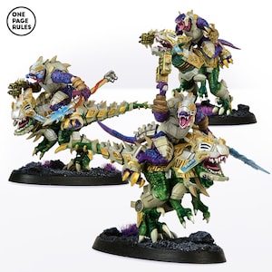 May include: Three miniature figurines of alien creatures riding dinosaur-like mounts. The creatures are purple and blue with white armor. The mounts are green and tan with gold accents. The bases are black with purple and green details. The text "ONE PAGE RULES" is in a white circle.