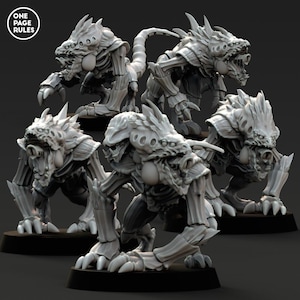 Pode incluir: Cinco figuras em miniatura cinzas e detalhadas de criaturas alienígenas com dentes e garras afiados. As figuras estão em várias posturas, algumas em pé e outras agachadas. As figuras são feitas de um material plástico duro e são pintadas em um estilo realista.