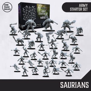 May include: A set of 30 grey plastic miniature figurines of lizard-like creatures, called Saurians, for a fantasy tabletop game. The miniatures are posed in various fighting stances, holding weapons such as swords, axes, and shields. The set includes a box with the text "Army Starter Set" and "One Page Rules".