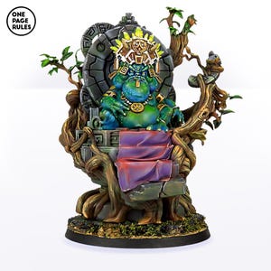 May include: A green and blue frog-like creature wearing a gold headdress sits on a throne made of stone and vines. The throne is decorated with intricate carvings and a purple cloth. The creature is holding a gold necklace with a peace sign pendant.