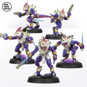 May include: Five miniature figurines of a lizard-like alien warrior in dynamic poses. The figures are primarily purple with white armor and gold accents. Each figure is mounted on a black base and holds a weapon.